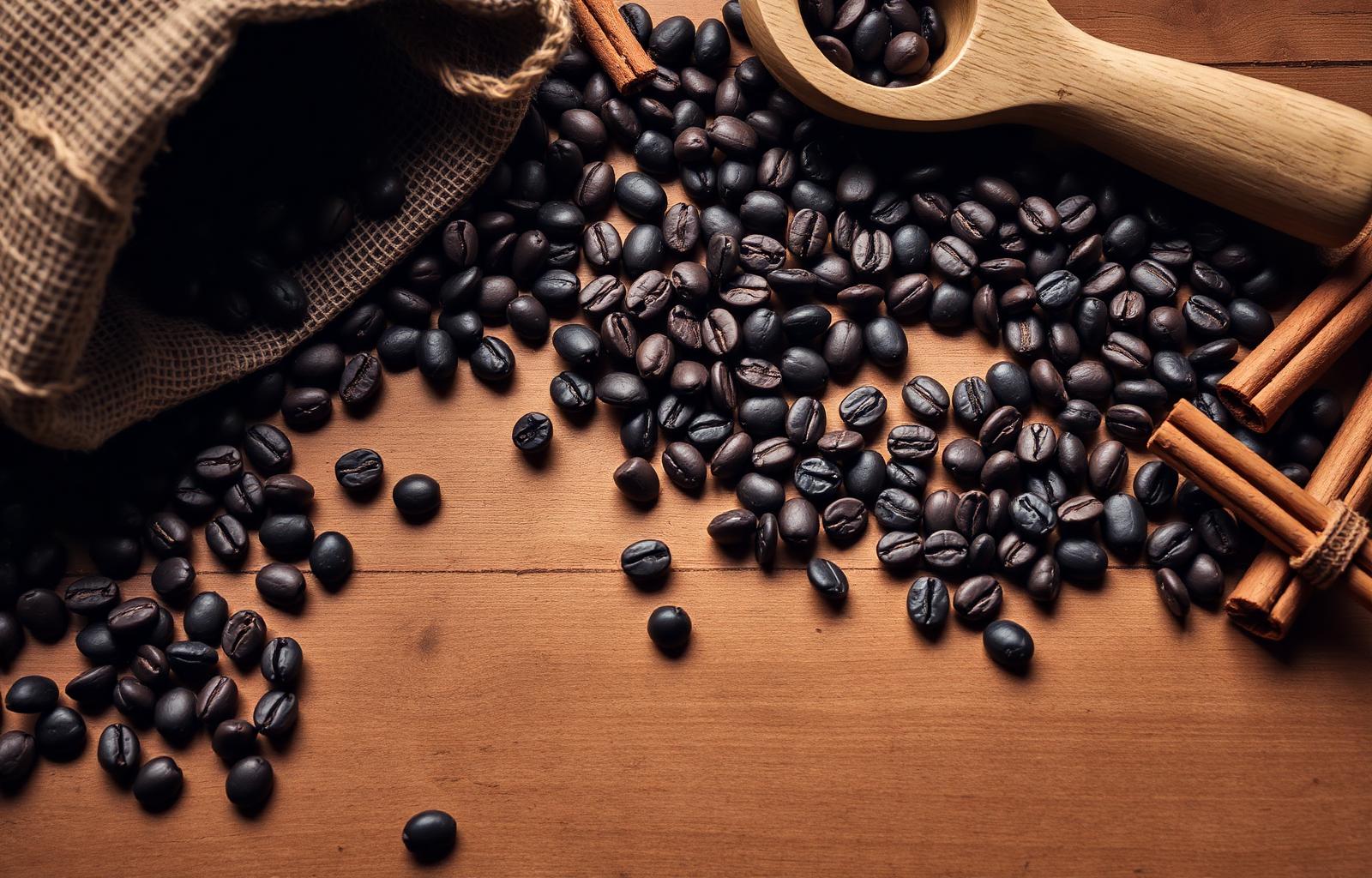Freshly roasted coffee beans scattered on a rustic wooden table with a burlap sack, wooden scoop, and cinnamon sticks.